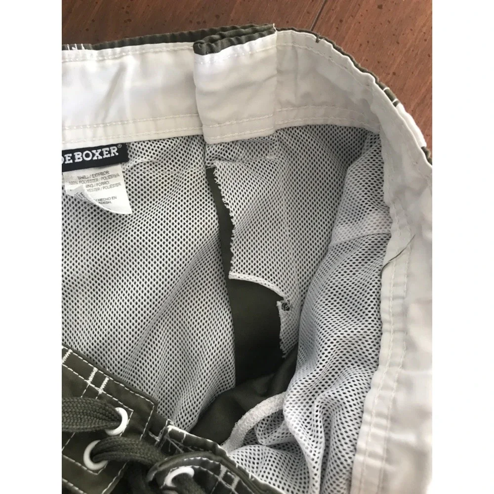 Joe Boxer Mens L Green w/ White Stripe‎ Swimming Trunks Lined with Cargo Pockets